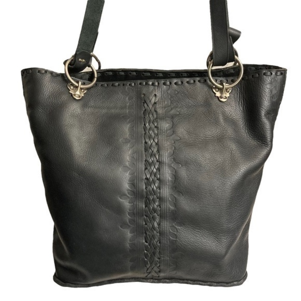 Sami Amin black leather embossed tote bag handmade